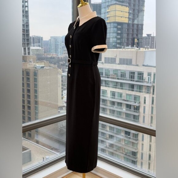 🆕 SELF-PORTRAIT 🧿 Black Belted White Crepe Contrast Midi Dress, Sz UK 10 US 6 - Picture 7 of 16